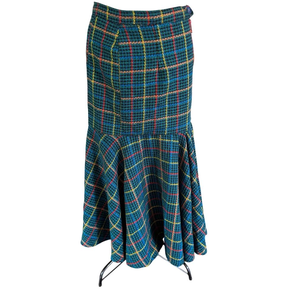 Anne Klein Teal Plaid Mermaid Flare Maxi Skirt Wmns L Preppy